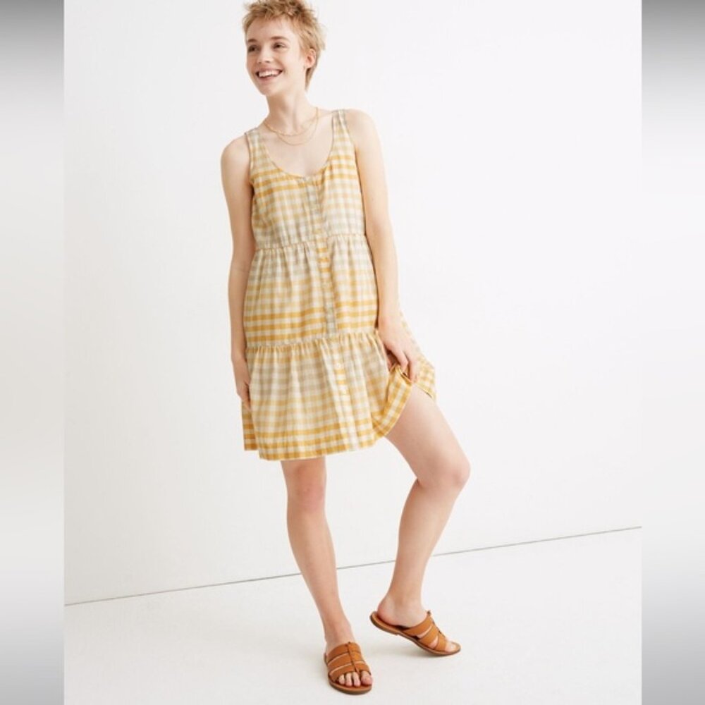 Madewell Button-Front Tiered MiniDress Yellow Gingham Dress
